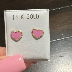 14K Gold Pink Heart Stud Earrings